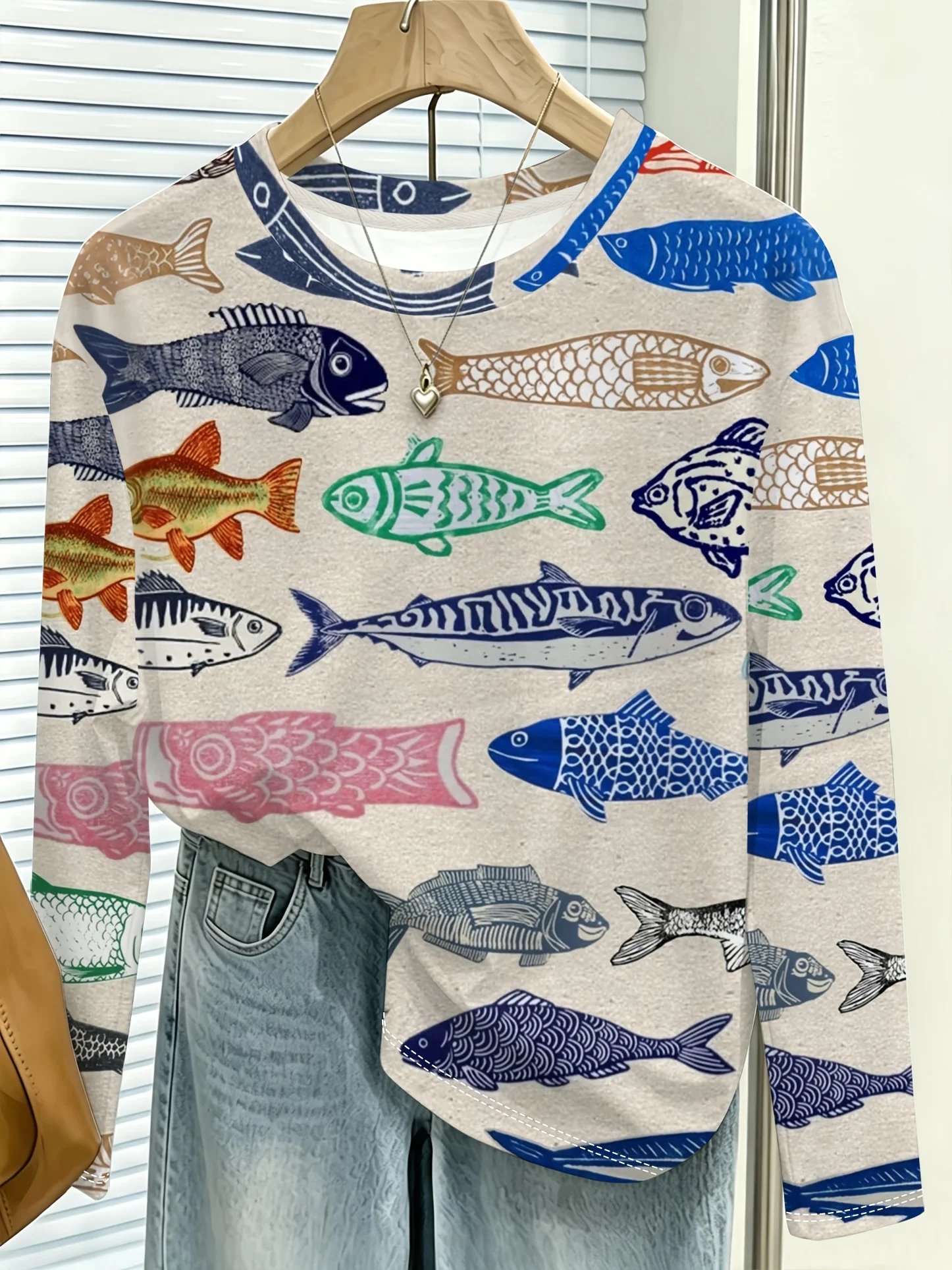 Women T‑Shirt Long Sleeve 3D Retro Colorful Fish Stamp Print Tee Casual Street Female Wear Daily O‑Neck Cute Top Women's Clothes - view 2
