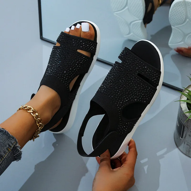 Nuovi sandali da donna estivi moda tessuto volante elasticizzato strass casual donna appartamenti scarpe da spiaggia da donna taglia grande 36-43