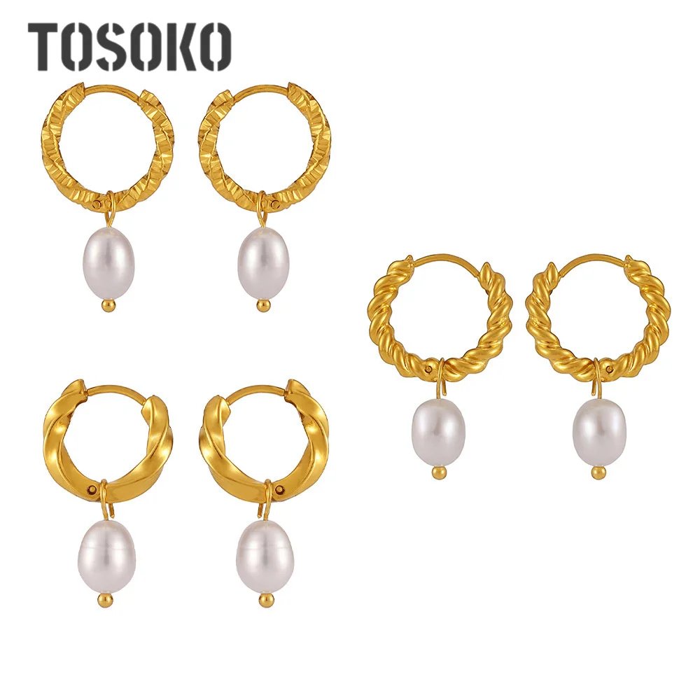 TOSOKO-pendientes de perlas cultivadas de agua dulce naturales con hebilla giratoria de masa frita, joyería de acero inoxidable para mujer F1700