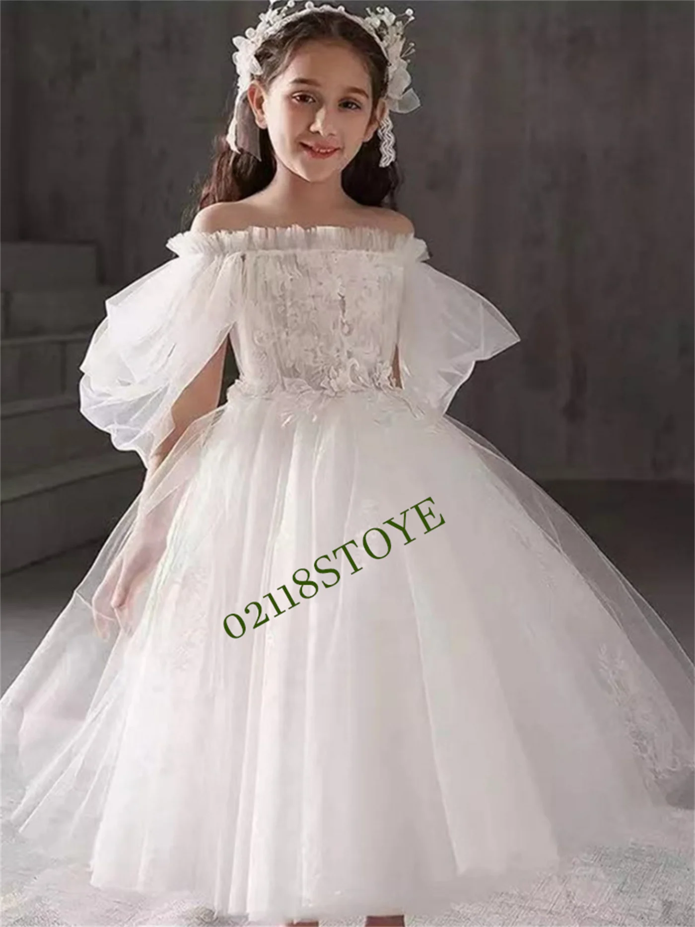 

Flower Girl Dresses White Tulle Puffy Appliques Off Shoulder Half Sleeves For Wedding Birthday Evening First Communion Gowns