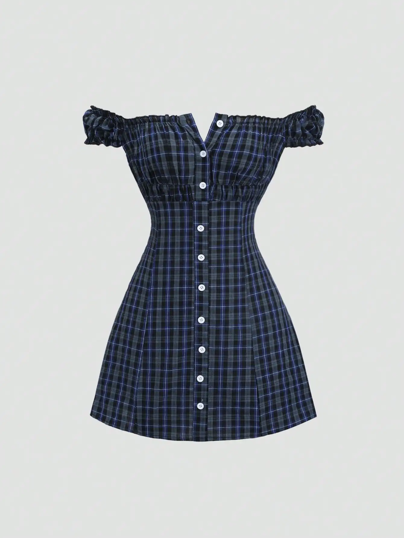 

Мини-платье в клетку с открытыми плечами, пуговицами спереди и завязанной талией на лето