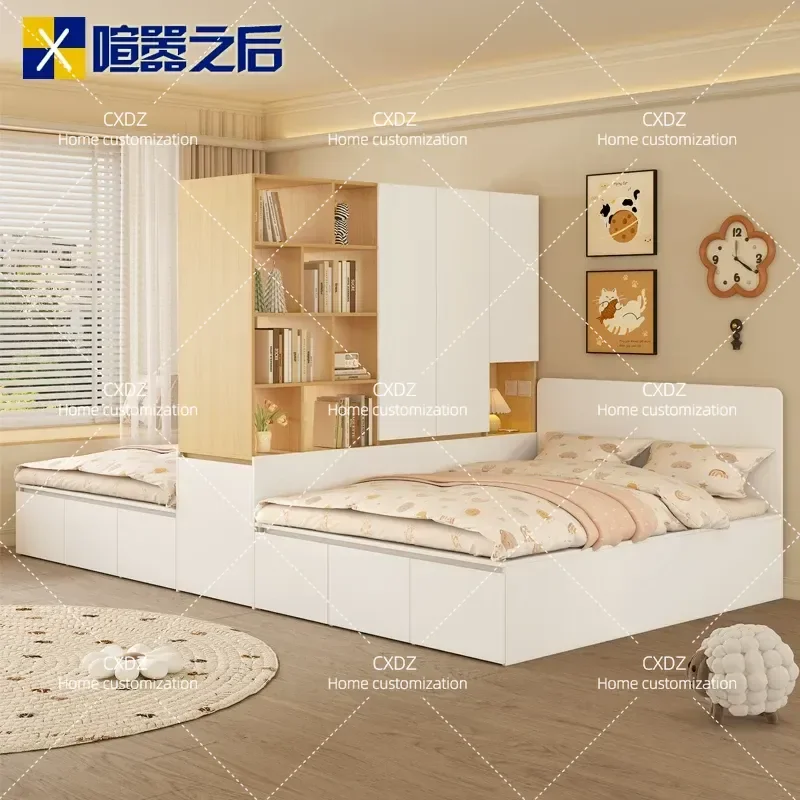 Space Saving Bed and Wardrobe Combo for Small Rooms Double Bed with Integrated Storage Partition Solution for Two Child