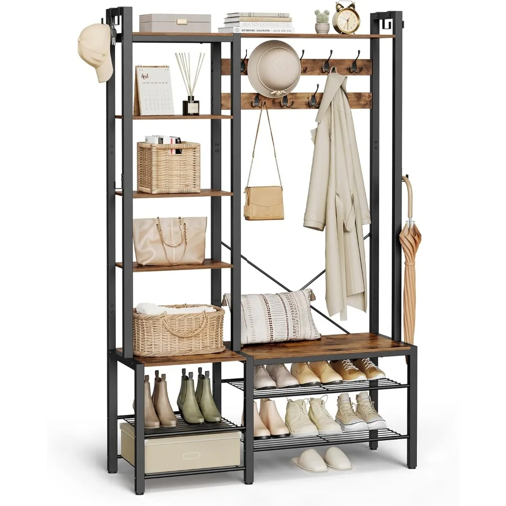 

Hall Tree with Bench and Shoe Storage, Entryway Coat Rack with Shoe Bench, 5 Storage Shelves, 9 Coat Hooks, 6 Side Hooks