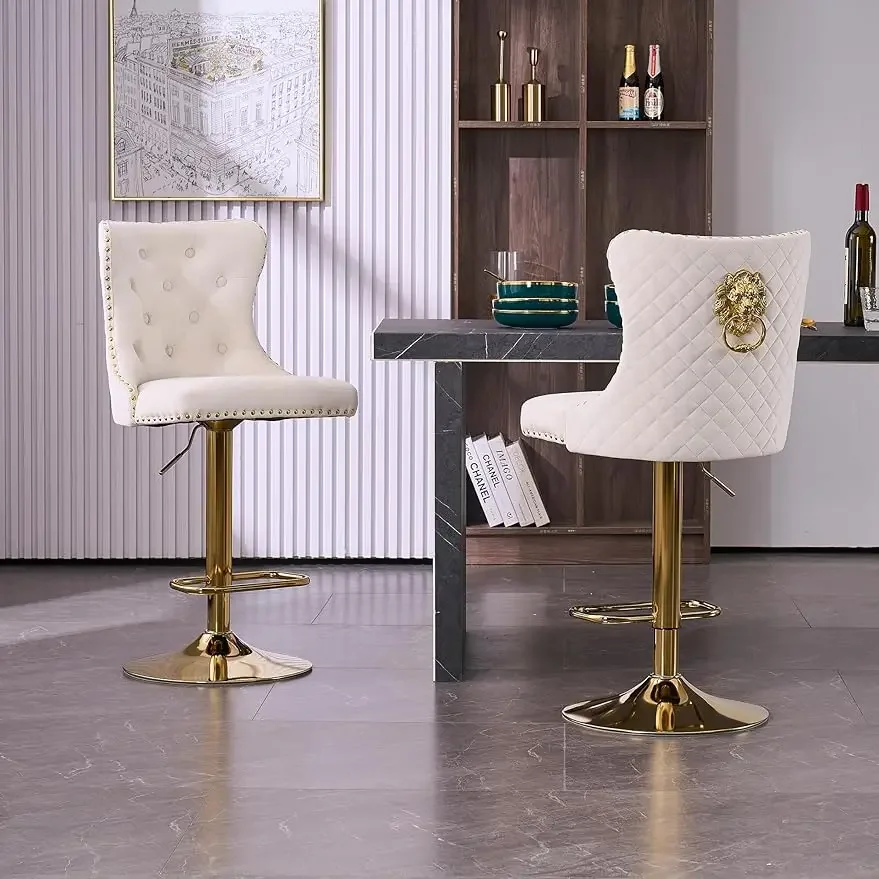 

Bar Stools Set of 2 Velvet Swivel Kitchen Counter Chairs with Tufted High Back Modern Upholstered Gold Barstools with Lion Pull