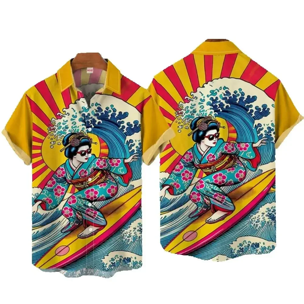 Japanese Geisha Print Shirt For Men Short Sleeve Tops Summer Casual Hawaiian Shirts Men Lapel T-Shirt Oversized Men's Shirts Tee