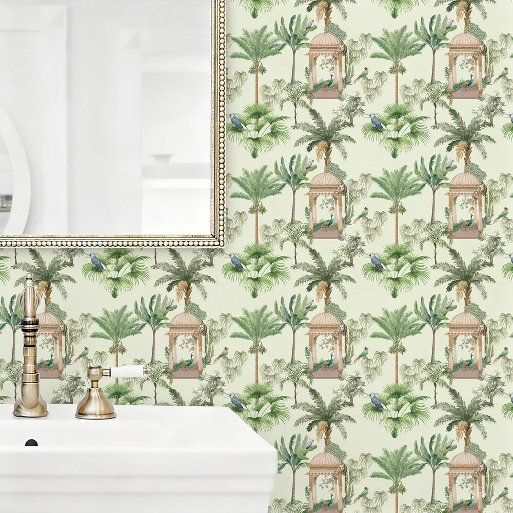 Light Green Chinoiserie Jungle Peel and Stick Wallpaper Palm Tree Peacock Waterproof Self Adhesive Wall Mural for Home Decor