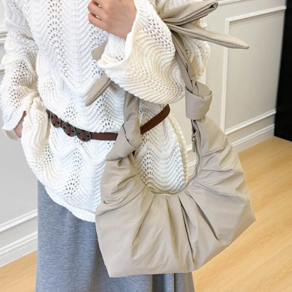 

Casual Sweet Pleated Bow Tote Bag Bowknot Pure Color Cloud Bag Minority Design Korean Style Handbag Outdoor