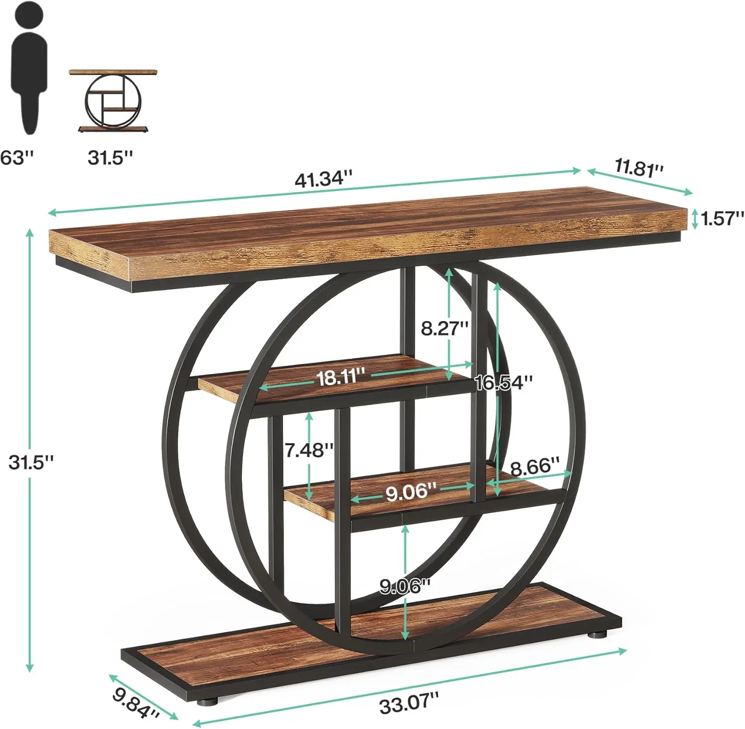 Industrial 4-Tier Sofa Table Entryway Table with Circle Base, Narrow Wood Accent Tables with Storage Shelves for Living Room, Ha