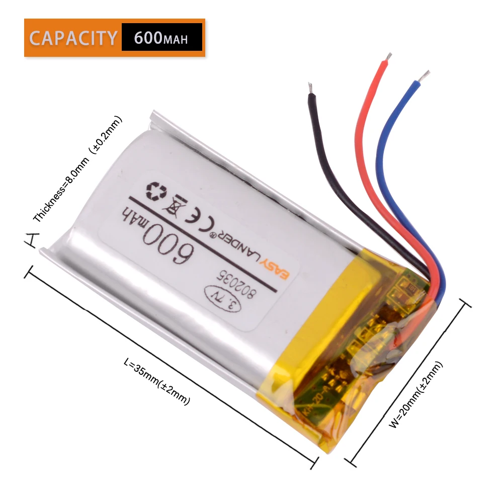 3 wires 802035 3.7V 600mAh Rechargeable Lithium Li-ion Li Polymer Battery For smart home MP3 speakers DVR GPS