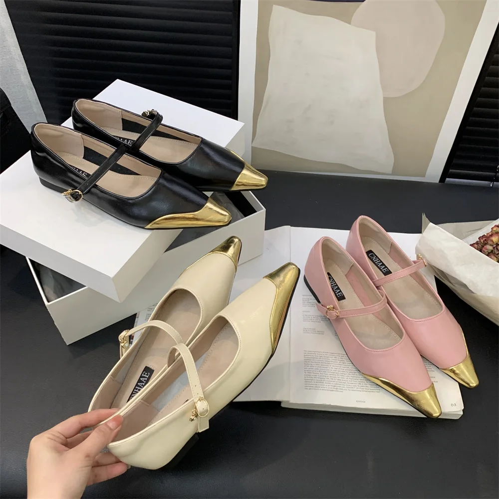 

French Style One Button Toe Flat Shoes for Women's 2024 Spring New Slimming Low Heel Pointed Back Empty Single Shoes