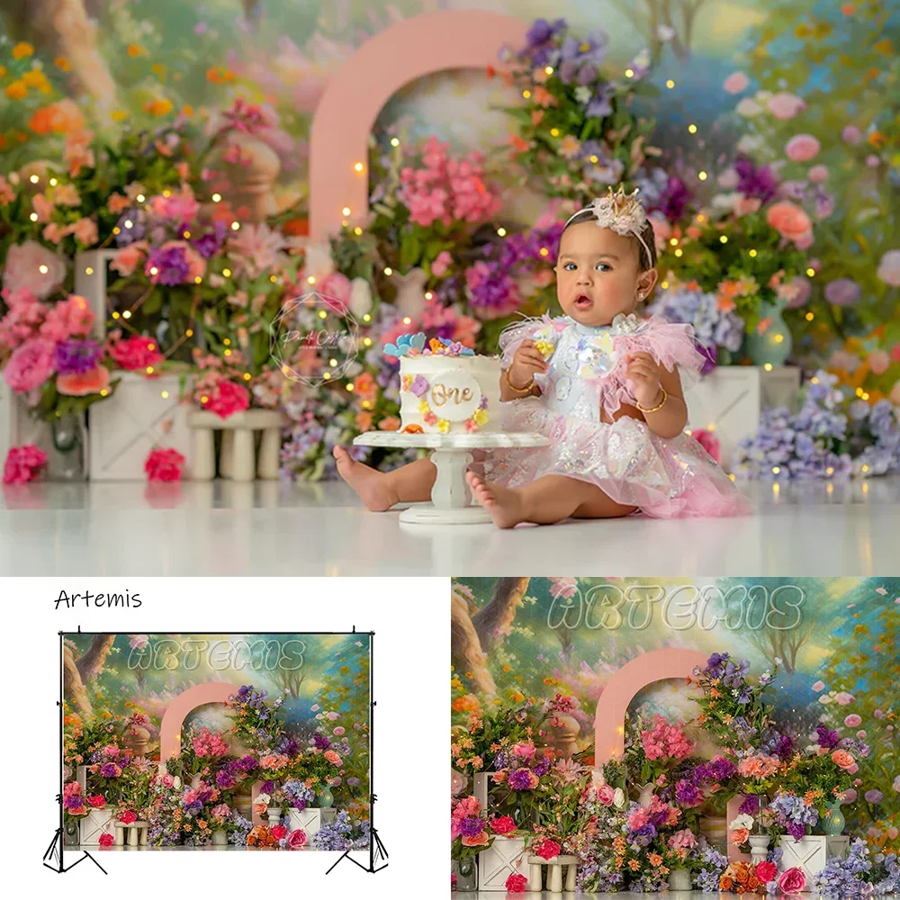 

Flower Elf Floral Forest Cake Smash Backdrops Colorful Fairy Tale a Children's Birthday Decoration Photocall Photo Backgrounds