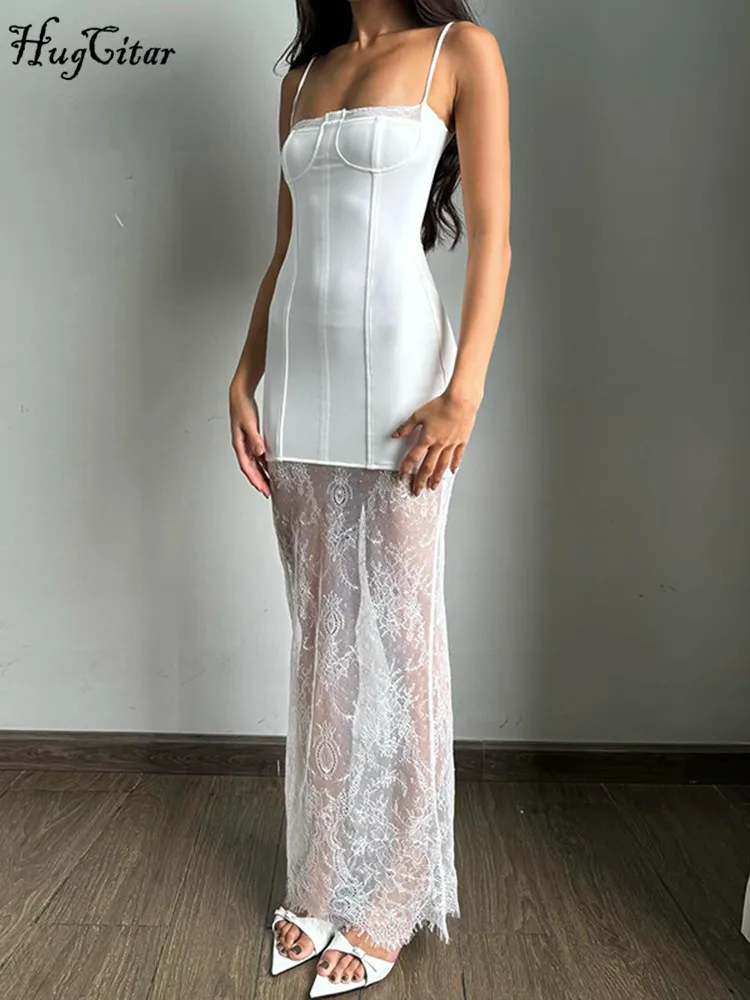 Hugcitar 2024 elegante blanco resbalones Patchwork encaje Sexy ajustado Maxi vestido de verano mujeres moda traje playa fiesta Festival al por mayor