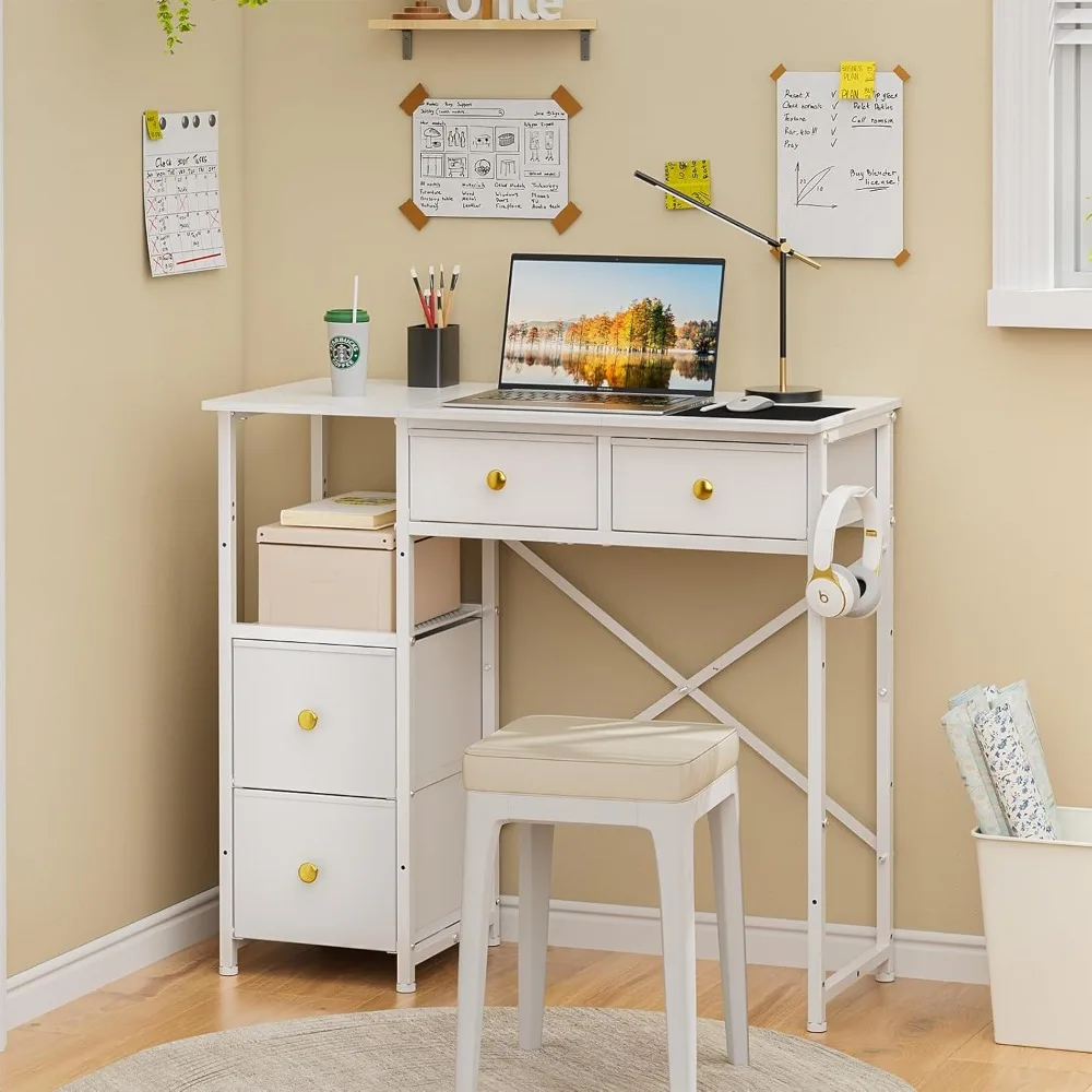 Compact Kids Study Desk with 4 Fabric Drawers for Small Spaces, Simple Writing Desk for Home Office Use