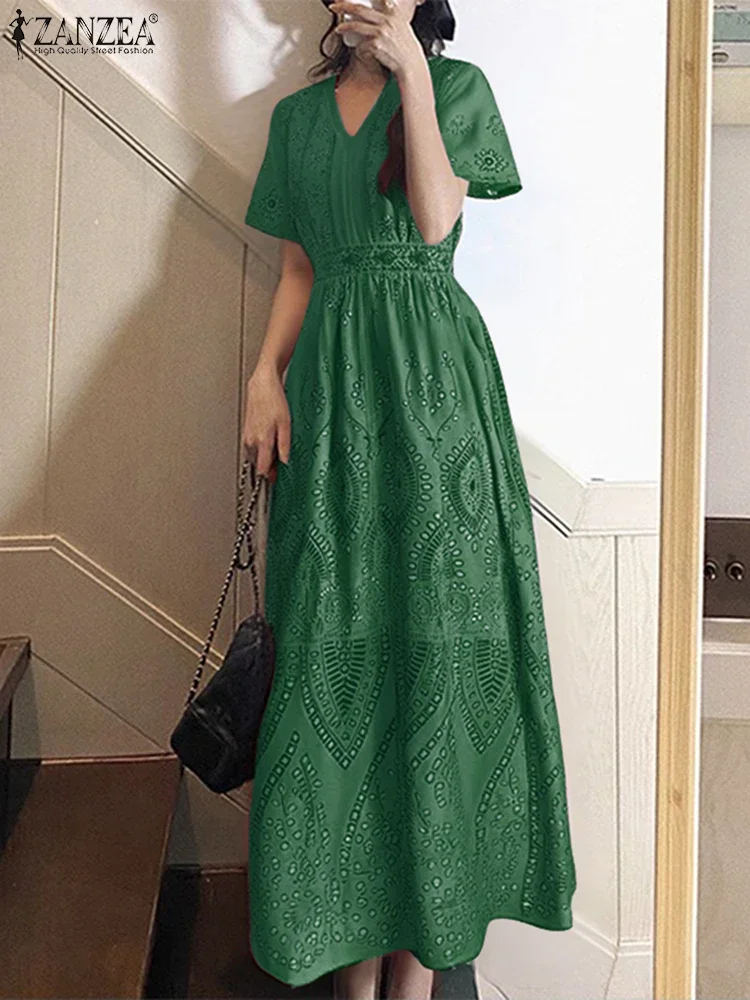 ZANZEA élégant Robe Maxi femmes à manches courtes imprimé bohème longues robes 2025 mode été col en v vacances fête Robe décontractée