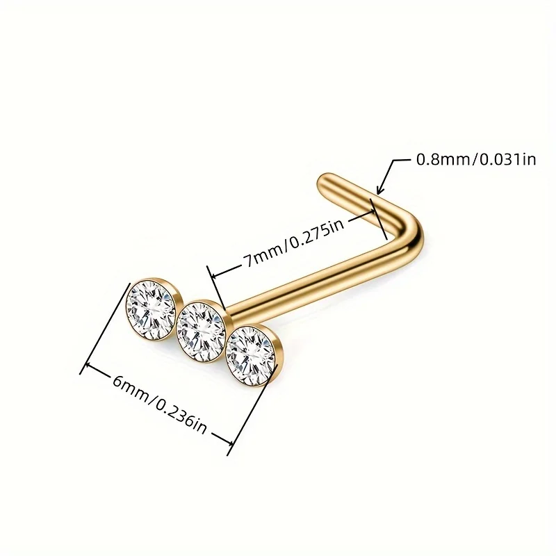 1pcs Colorful Stainless Steel Rod L-Shaped Three Rhinestones Nose Nail Piercing Jewelry  Decoration For Woman and Man