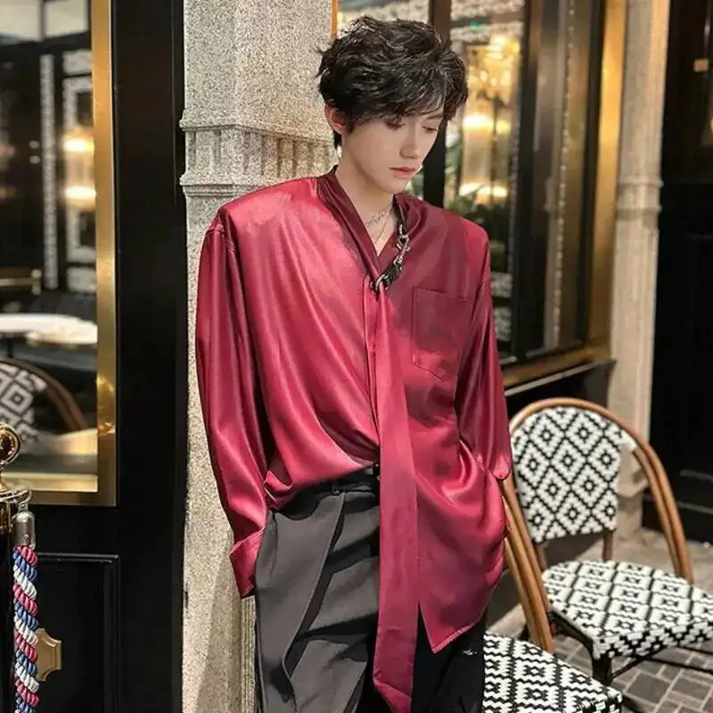 Summer Men's Ribbon Bright Silk Smooth Shirt Solid Color Long Sleeve Men Shirts Summer New Korean Style Top Red 9WZZXV