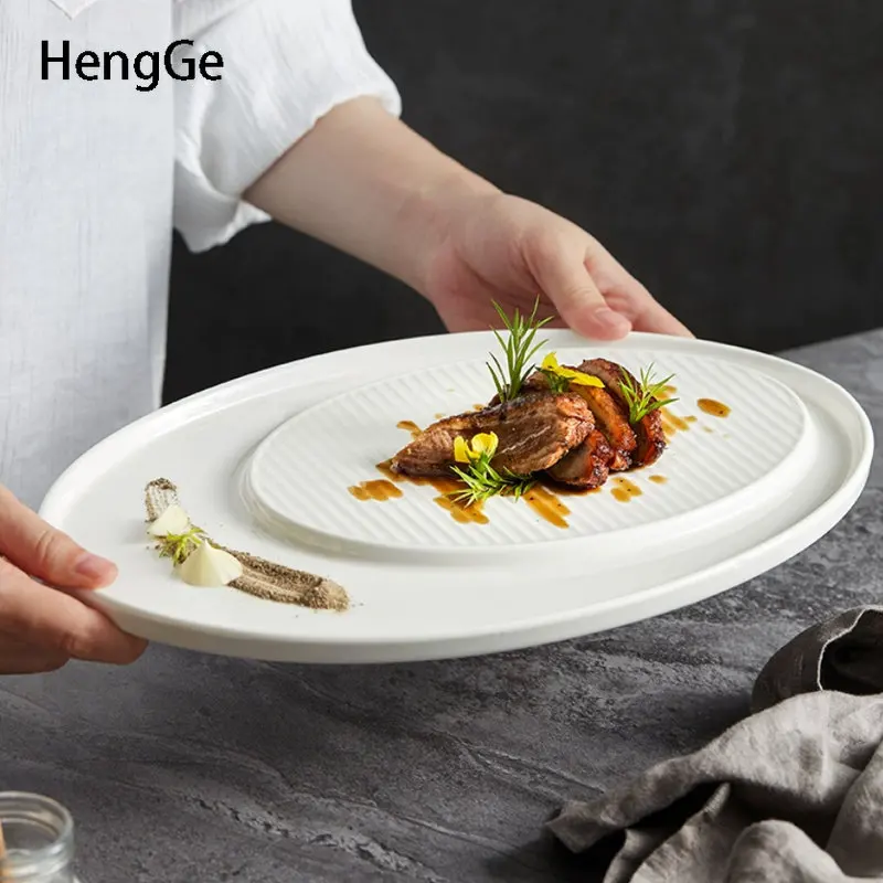 Nordic Elliptical Shaped Ceramic Plate Creative Striped Tableware Artistic Conception Cold Dishes Roast Duck Dinner Plates