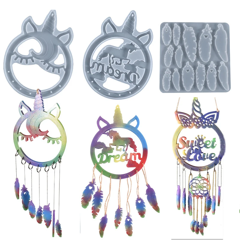 Animal Dream Catcher Silicone Mold DIY Feather Pendant Wind Chime Jewelry Epoxy Resin Casting Molds for Home Wall Hanging Decor