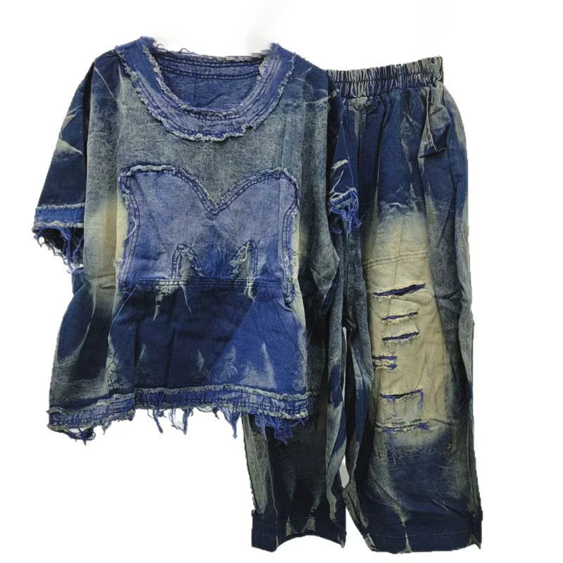 WTHT, trajes Vintage a la moda para mujer, camiseta vaquera de manga corta de retazos, conjunto de pantalones vaqueros sueltos de cintura alta para mujer, primavera 2025, 1LS884