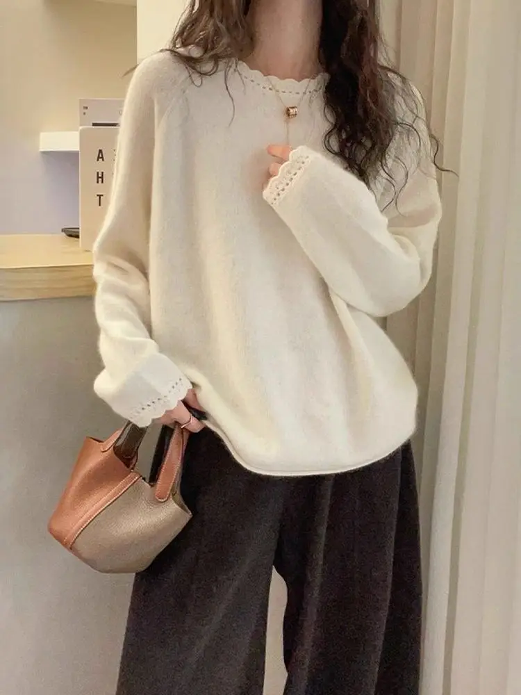 Lace Trim round Ne Knitwear Women's Loose Casual Sle Autumn Winter Faionable Slimming Versatile Top for Younger Look
