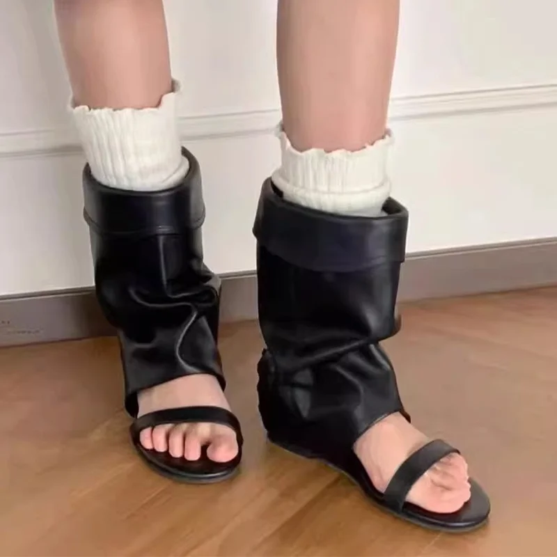 Women's Sandals Flats Designer Mid Calf Shoes Open Toe Casual Woman Boots 2026 New Summer Walking Goth Trend Mujer De Sandalias