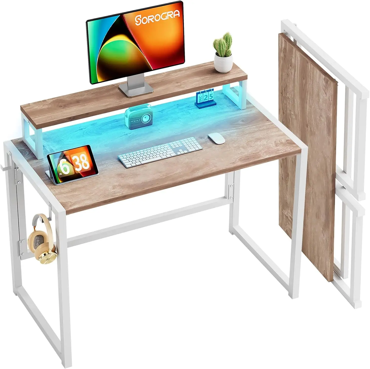 

Desk 39.4 Inch, Foldable Computer Desks with LED Lights and Monitor Stand, Work Portable Table for Bedroom Home Office, Vintage