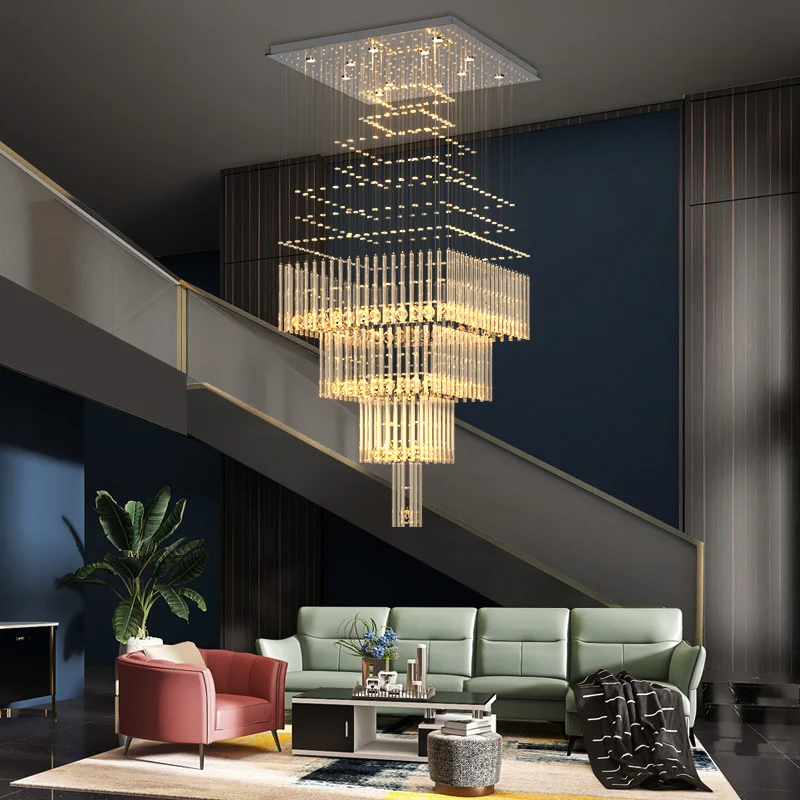 Customized duplex building large chandelier modern villa living room crystal chandelier crystal square staircase long chandelier