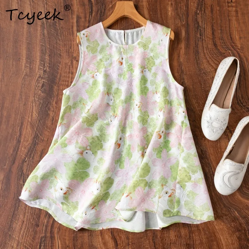 Tcyeek 100% Real Mulberry Silk Woman Tops 2026 Summer Breathable Printed Loose-fitting Sleeveless Top Female Clothing Ropa Mujer