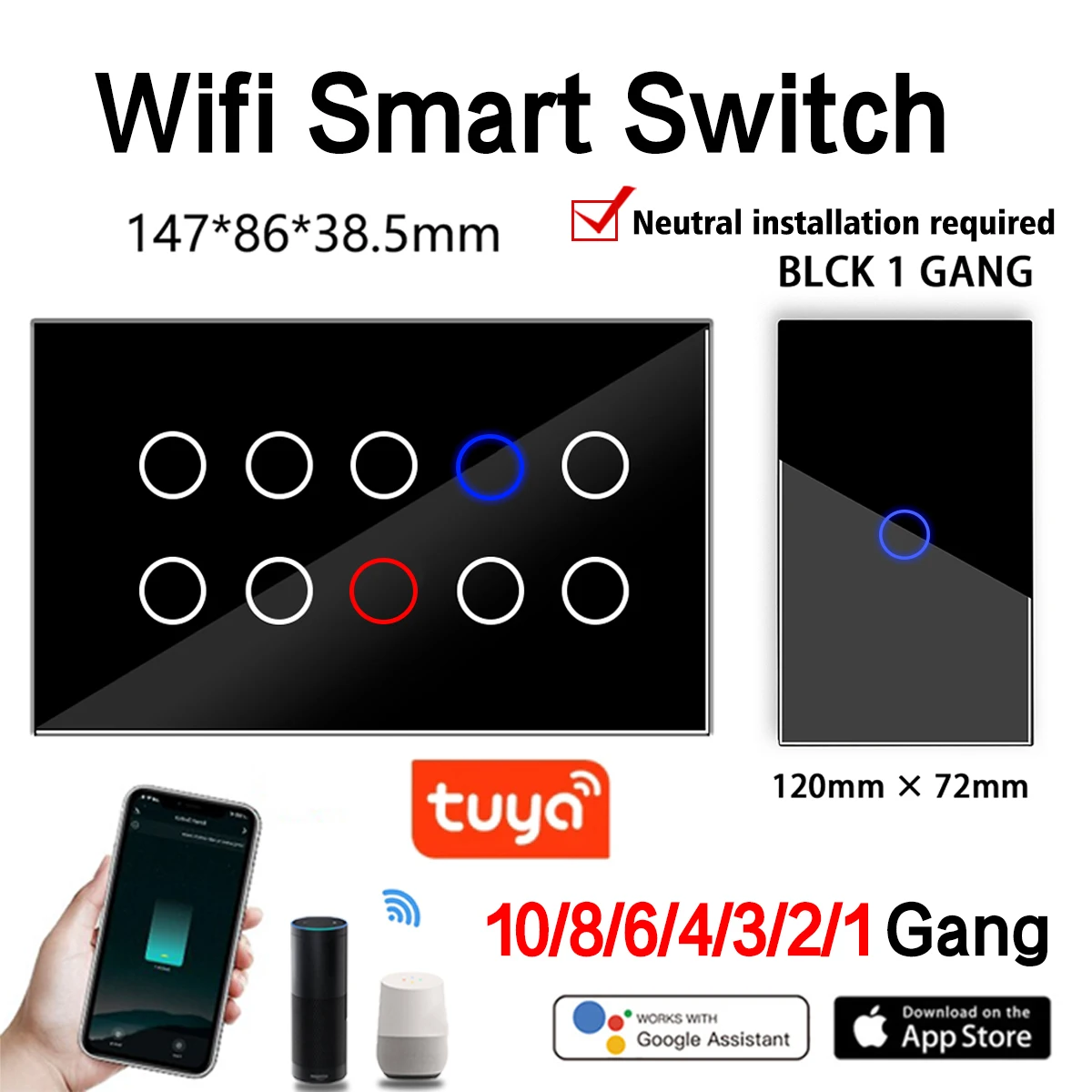 

Tuya 1-10Gang Wifi Smart Touch Light Wall Switch Glass Panel Compatible with Alexa Google Home