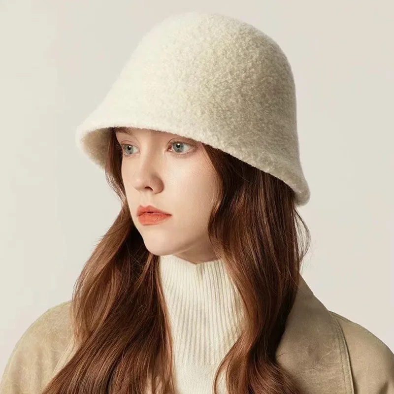 

New Versatile Bucket Hat Solid Men Fisherman Hat Autumn Winter Lamb Wool Outdoor Warm Panama Cap for Women Korean Fashion Hat