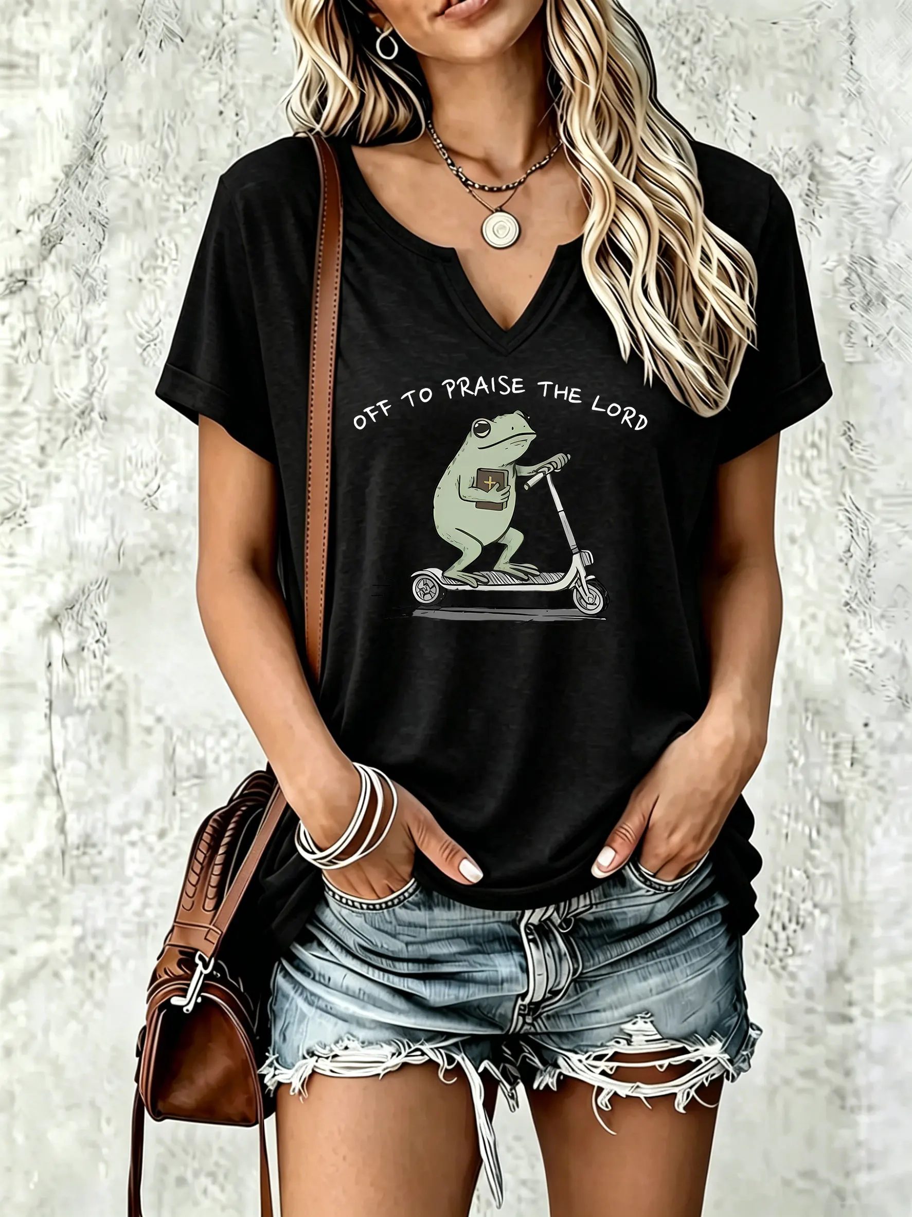 Women Summer V‑Neck Short Sleeve T‑Shirt,Funny Frog Riding Scooter Off To Praise The Lord Graphic Print Casual Women Tees Top