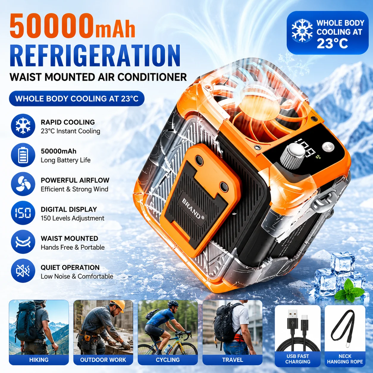 50000mAh Tragbarer Hüftmontierter Klimaanlagen-Ventilator, Turbo USB Clip-on Gürtelventilator, Multifunktionale Powerbank für Arbeiten im Freien