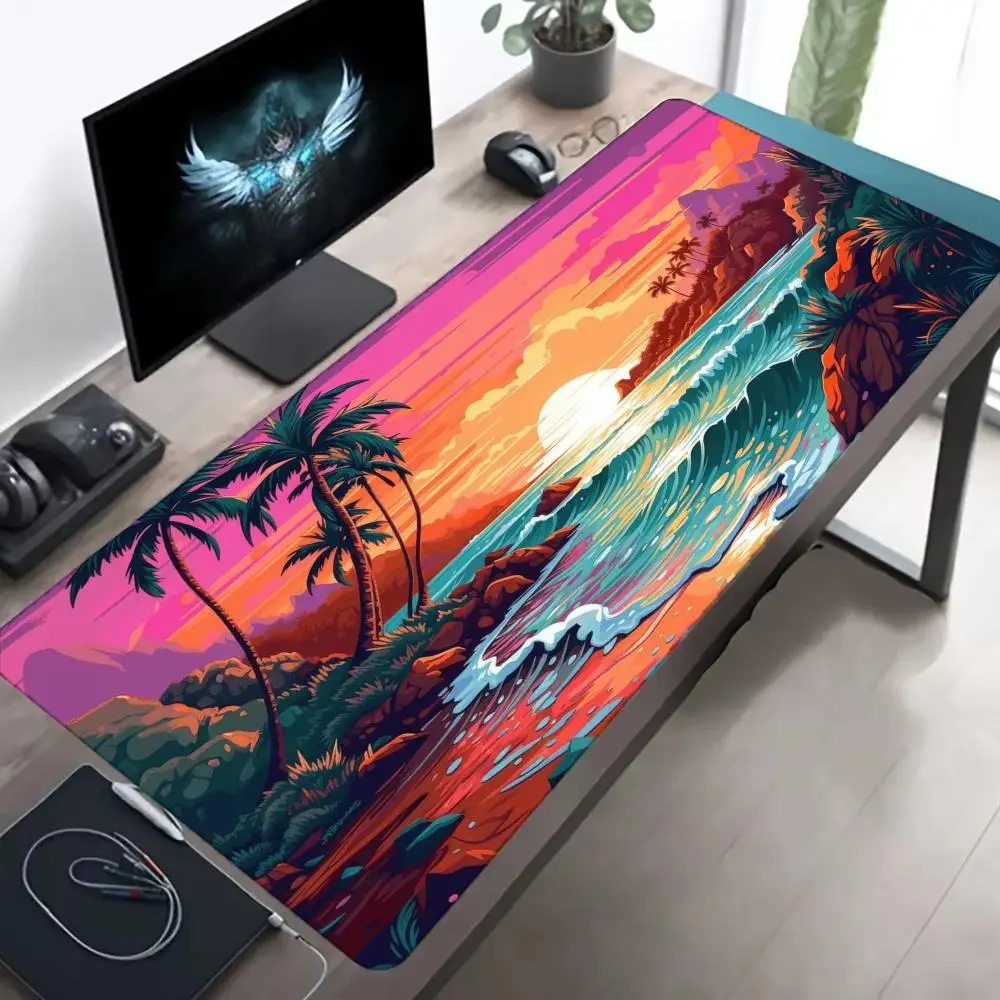 Large XXL Mouse Pad Desk Mat Keyboard Pad Retro Tropical Sunset Ocean Wave Palm Tree Beach Landscape Non Slip Summer Desk Decor