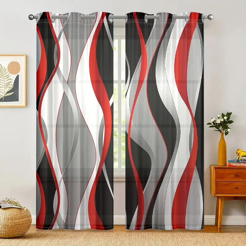 2 pieces, modern art abstract red, white, gray, black striped curtains - semi blackout - living room, bedroom, home decoration