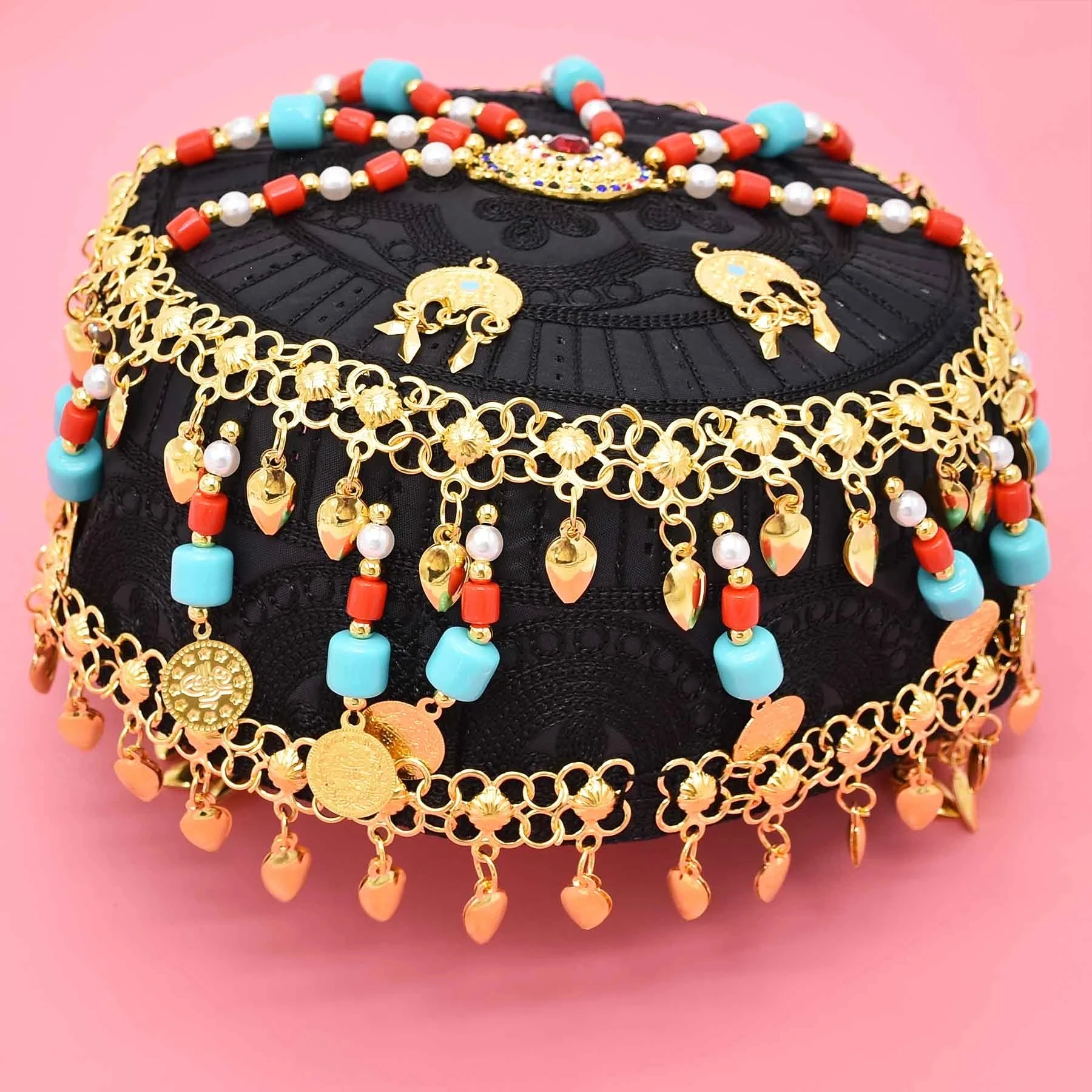 Style Women Cap Hair Jewelry Hat  turquoise Red Crystal Long Tassel Bohemian Ethnic Statement Headband for Women Accessories