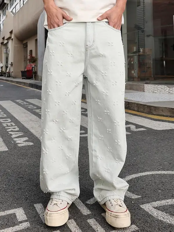 

Белые рваные мужские джинсы свободного кроя в американском стиле High Street, летние/весенние, модные, городские, повседневные, широкие, длинные брюки