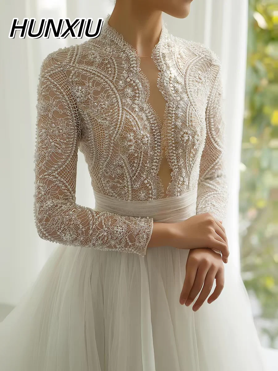 Custom Made High Neck Full Sleeve Lace Beading Sequins A-line Bridal Wedding Dresses Vestido De Casamento