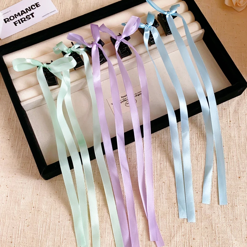 Garras acrílicas de cabelo bowknot para mulheres, monocromáticas, fita, longas, doces, fofas, moda, clipes de tubarão, acessórios de festa, 2 peças