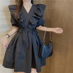 French Style Elegant V-Neck Mini Dress Female Clothing Stylish Ruffles Patchwork Summer Basic A-Line Waist Drawstring Dresses