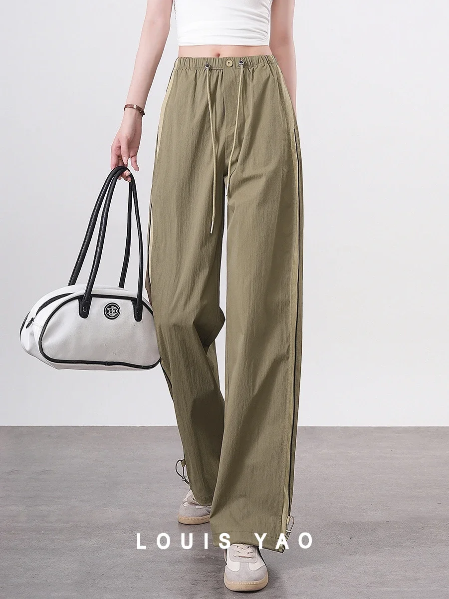 LOUIS YAO Women Wide Leg Pants Drawstring Elastic Waist 2024 Summer Loose Straight Casual Sweat Pants Khaki Black Trousers