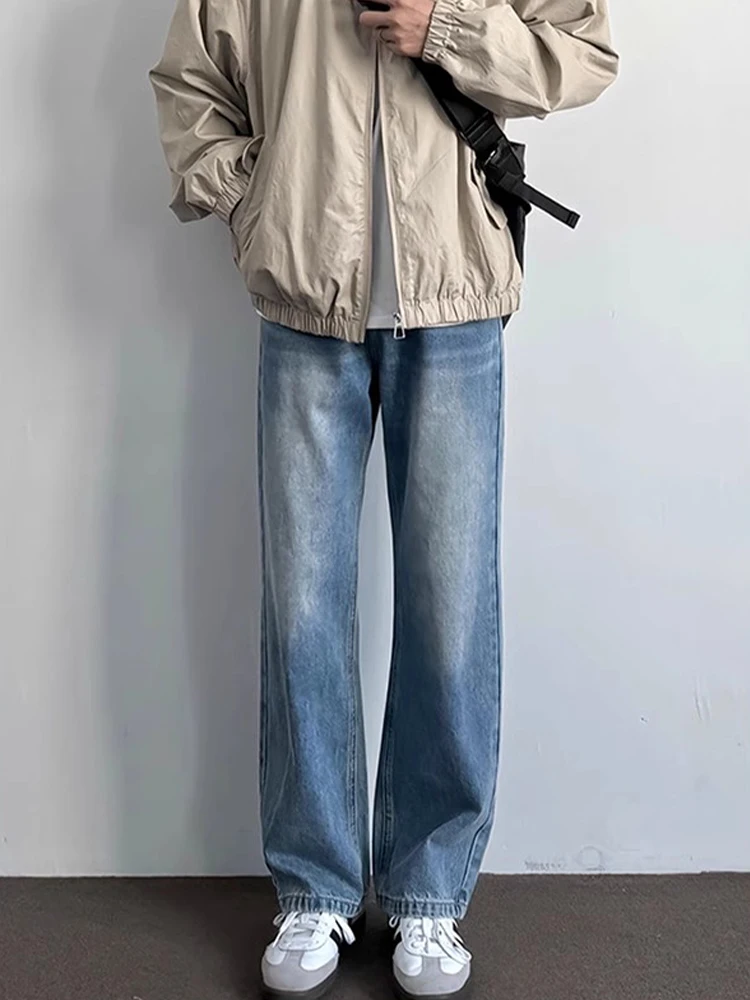 

Светло-голубые мужские джинсы американского кроя с эффектом потертости, с высокой талией, прямые, слегка расклешенные, длинные брюки, модные, стройнящие, осенне-зимний стиль