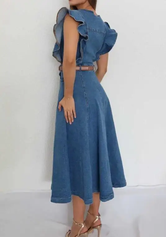 

Women's Waist Cinched Dress with Lotus Leaf Sleeves and Button Denim Skirt (Excluding Belt), Hot Selling, New