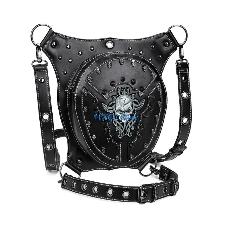 

37JE Steampunk Waist Bag Fanny Pack Fashion Gothic Skull Leather Shoulder Crossbody Bag for Travel Hiking Women Men