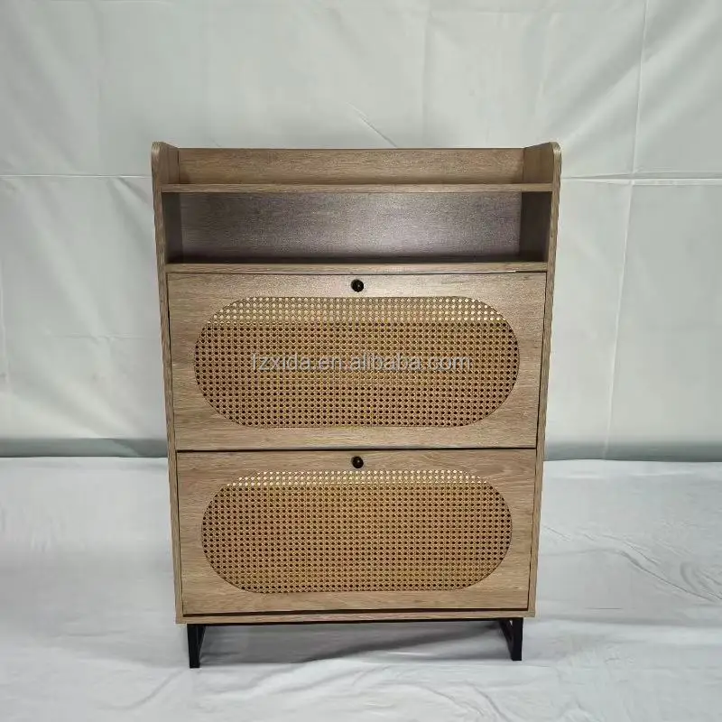 

Modern 2-Drawer Rattan Storage Shoe Cabinet Wooden Narrow Hidden Entryway Rack for Home Living Room Dining Apartment Furniture