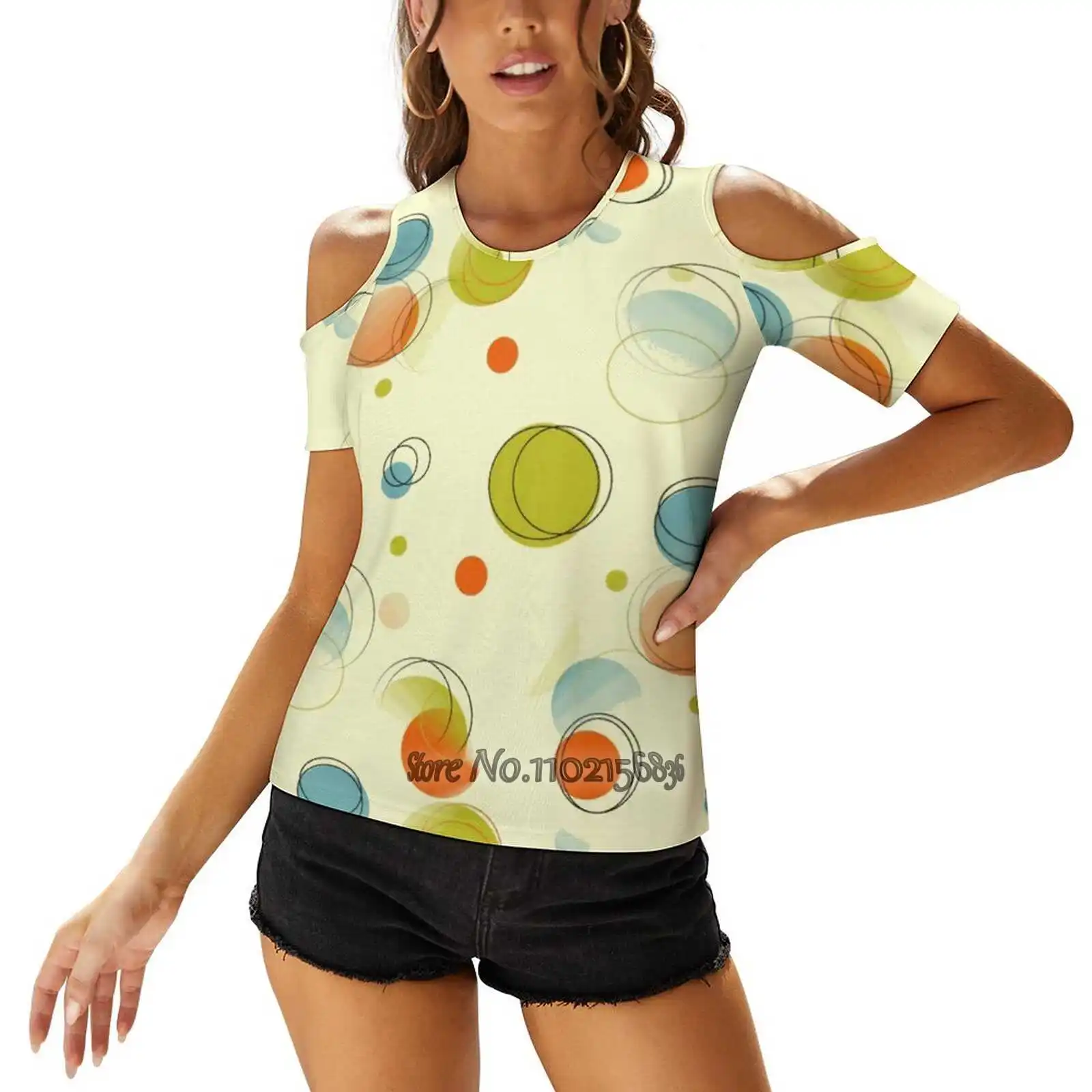 Midcentury Modern Bubble Dots Abstract Pattern Sexy T-Shirt Casual Tops Pullover Ladies Top Back Lacing T Shirts Retro Dots