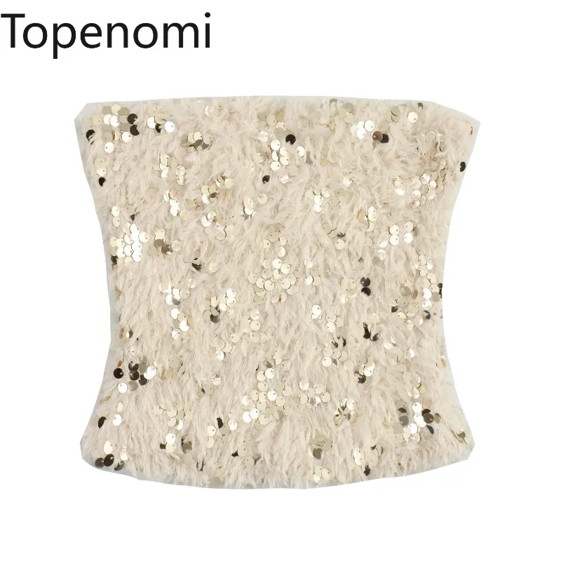 Topenomi 2025 New Frayed Sequined Strapless Tops Women Fashion Side Zipper Slim Fit Short Camis Sexy Chic Outerwear Tank Top Y2k