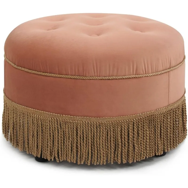 

Upholstered Round Accent Ottoman, Peach Orange Velvet with Gold Trim