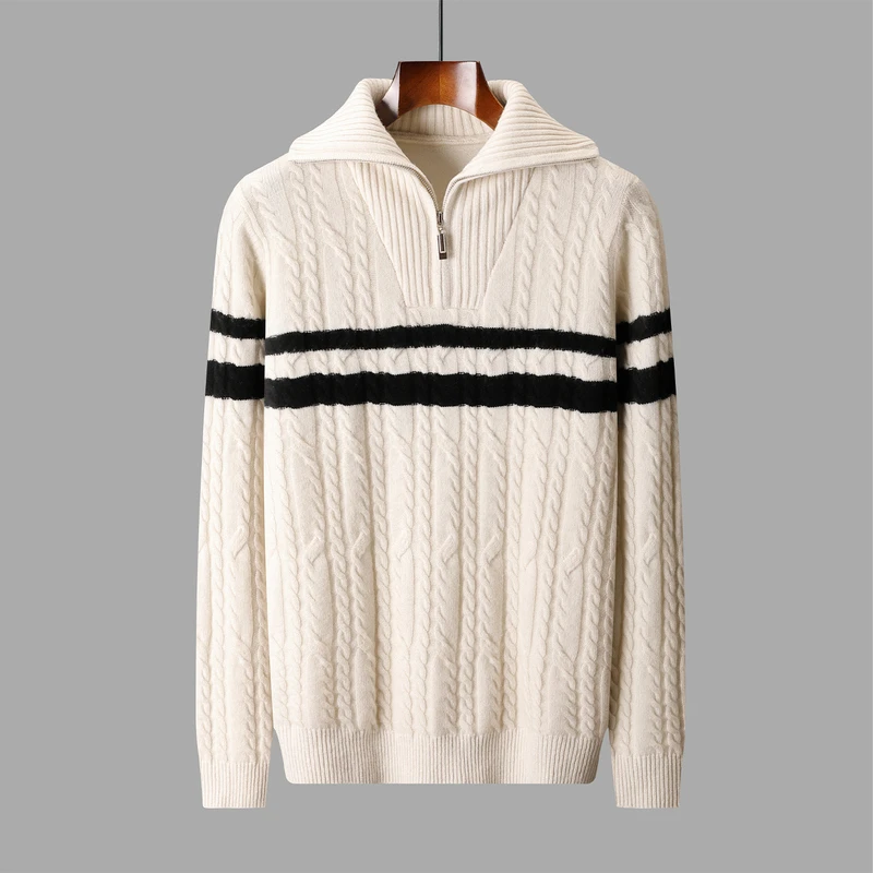 

ADDONEE Men's 100% Wool Cable Knit Turn Down Collar Zipper Striped Pullover Sweater Thick Warm Autumn Winter Wool Knitwear