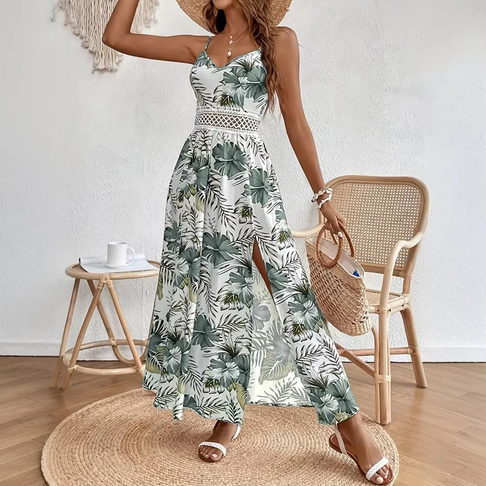 Dresses Spring Summer Casual Daily Full Print Side Slit Sleeveless Sweetheart Neck Midi Cami Vacation Dresses For Women