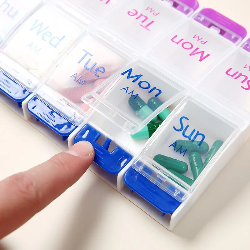 Push Button (7-Day) Pill Case, Medicine Planner, Vitamin Organizer, 2 Times a Day AM/PM, Large Compartments, Arthritis Friendly